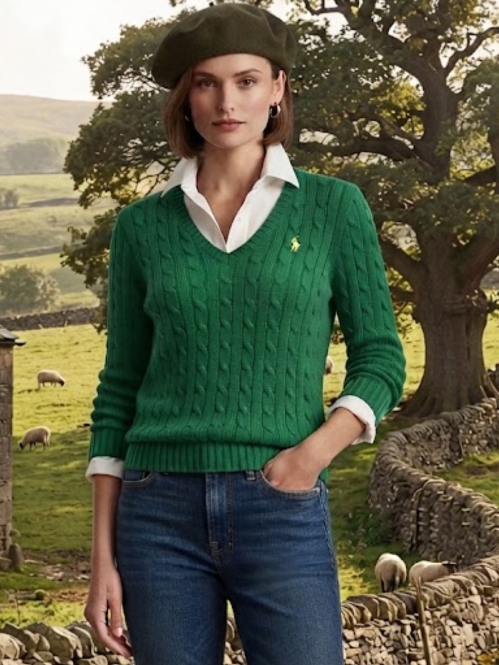 NWOT Ralph Lauren blue label green cable v neck sweater